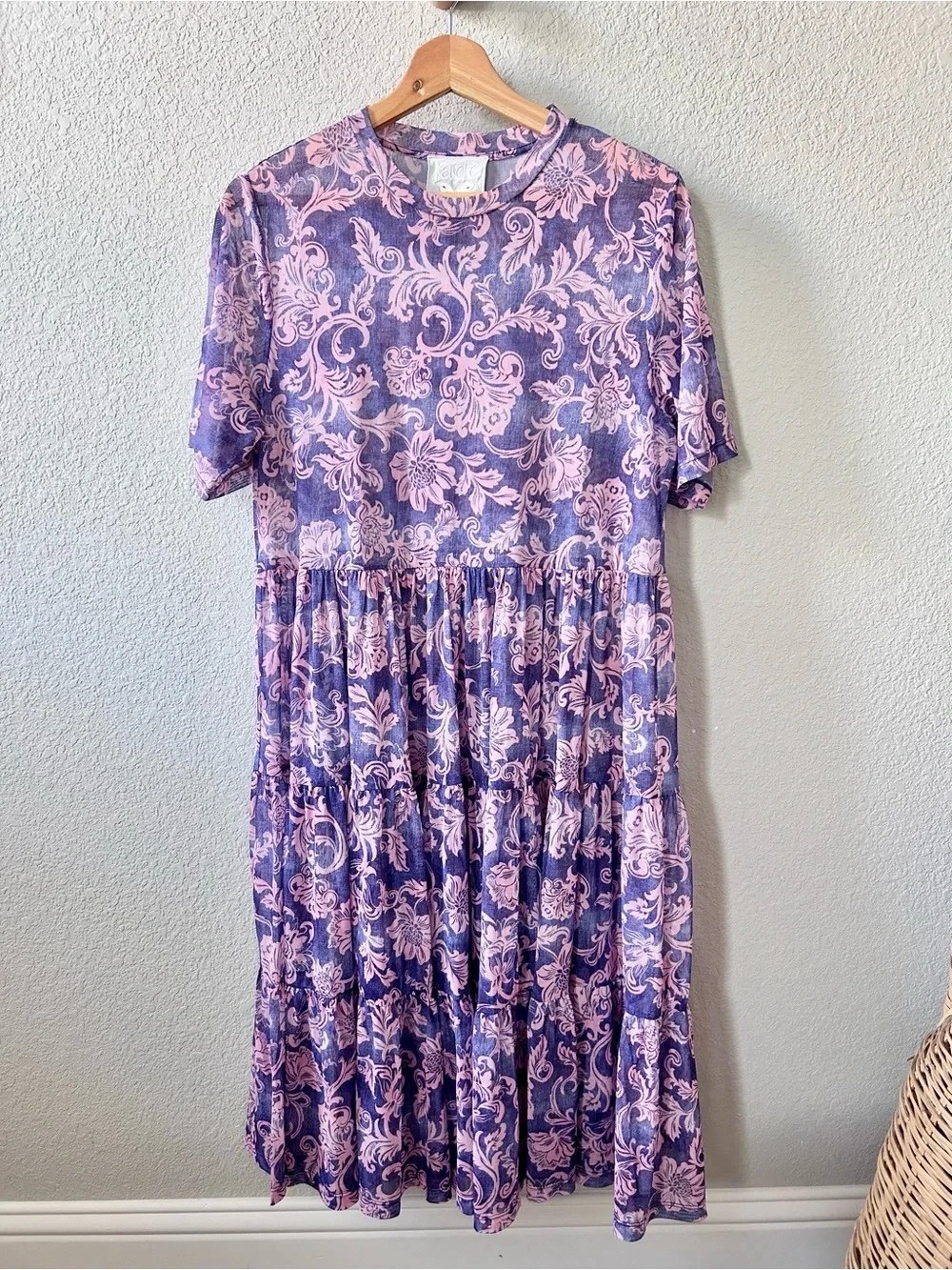 Jade Johnny Was Florentina Mesh Tiered Dress Size Large Purple Floral Print